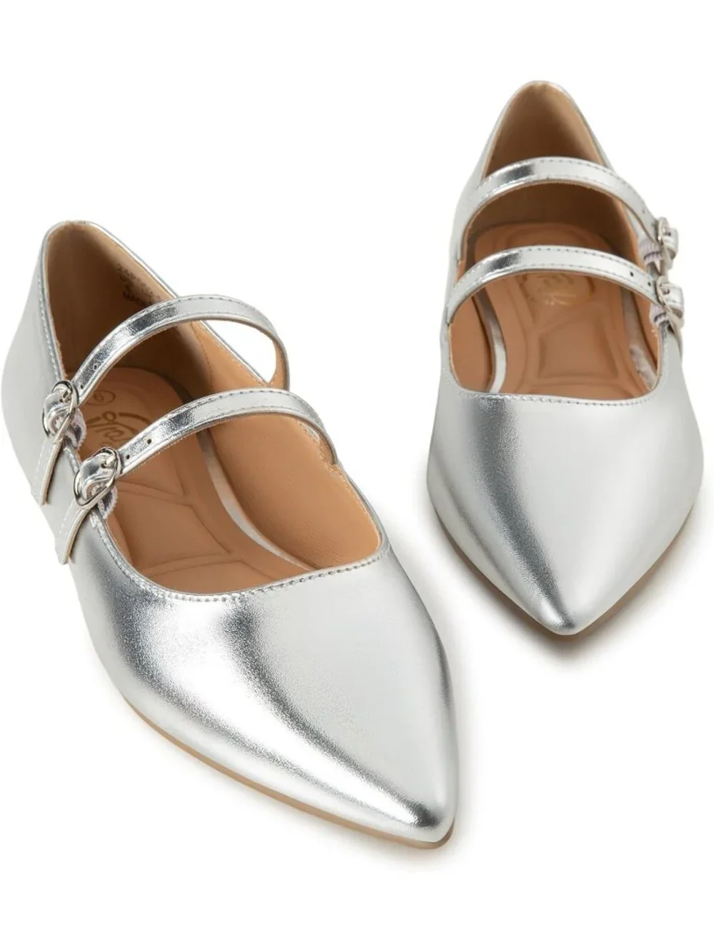 Women's Silver Mary Jane Shoes Women Closed Pointed Toe Ballet Flats Comfortable